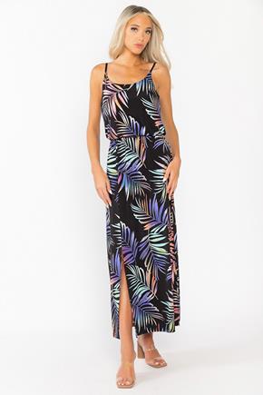 Tropical Floral Spaghetti Strap Maxi Dress with Side Slit