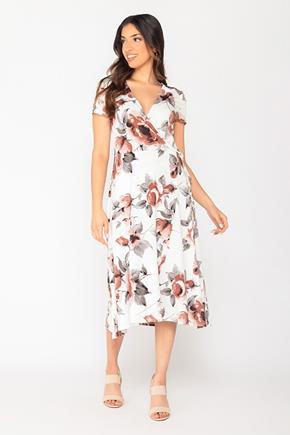 Large Floral Brushed Cap Sleeve Crossover Midi Dress