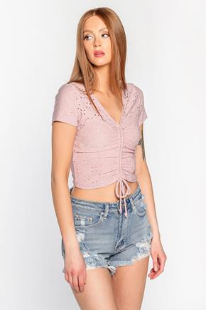 Eyelet Short Sleeve Ruched Top