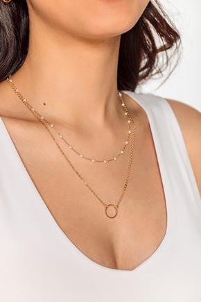 Double Layer Necklace with Pearls and Ring Pendant
