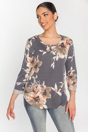 Floral French Terry 3/4 Sleeve Top