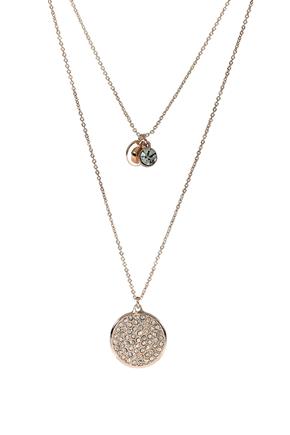 Double Strand Necklace with Rhinestone and Circle Pendant